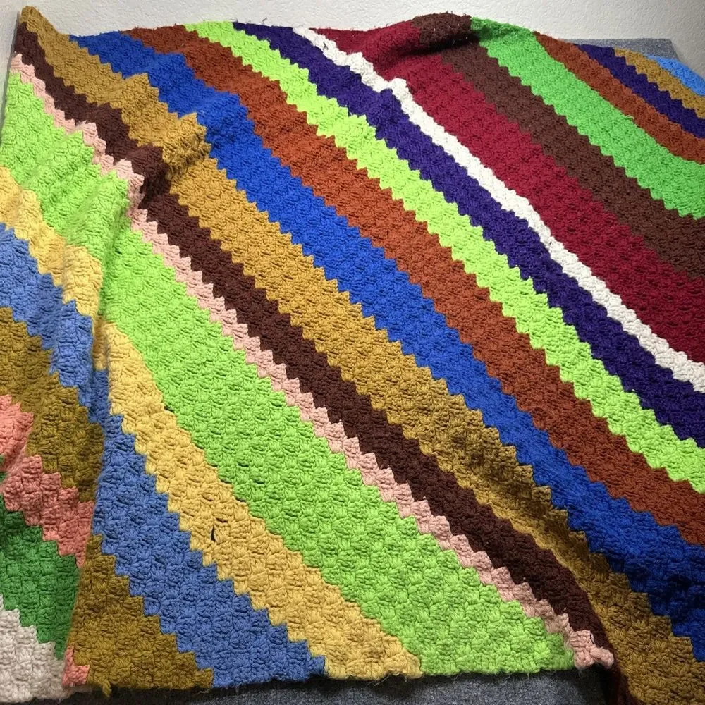 Knit‎ Afghan Blanket Throw 75X 53 Multi Color Stripes Striped Hand Made Granny